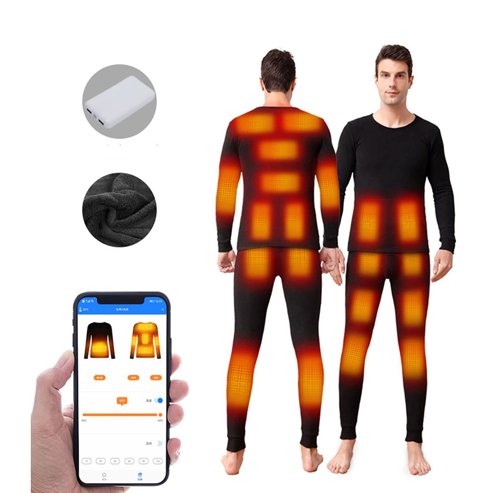 KOSFA Electric Heating Thermal Underwear Set USB Heated Underwear for Men Women Winter Warm Fleece Lining Long Sleeve Top and Pants Set (Package Not Included Power Bank),men,L