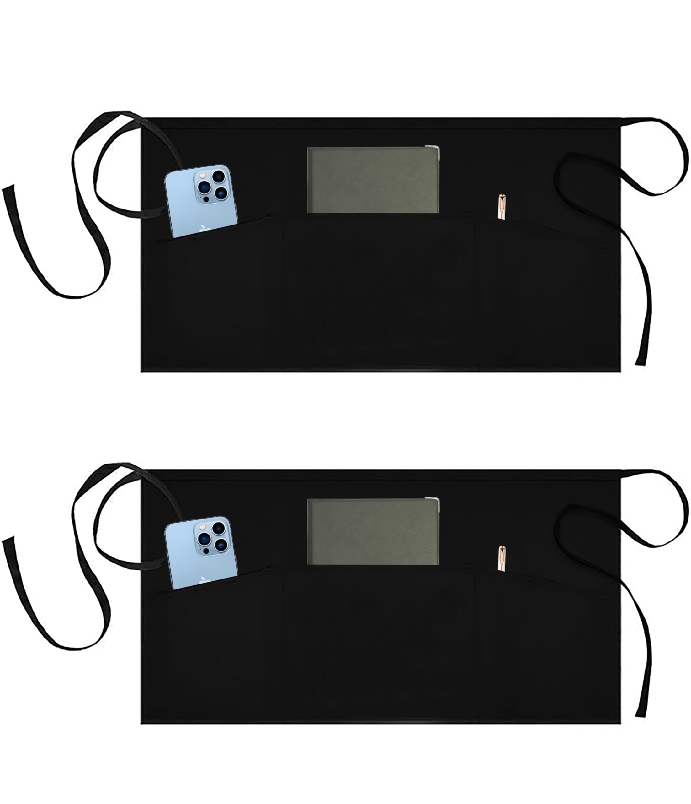 GENSTORES Waist Aprons-Waiter Waitress Server Apron with 3 Pockets 1 | 2 | 3 Pack, Water & Oil Resistant Black Short Aprons