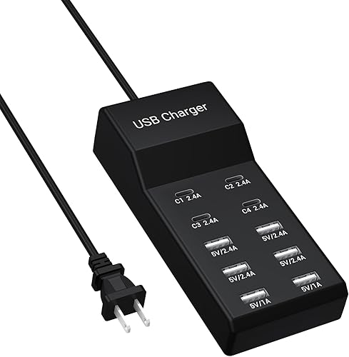 Bloque de cargador USB C de 10 puertos (6 puertos USB-A y 4 puertos USB-C), concentrador de cargador multipuerto 50W10A para iPhone, Galaxy, iPad y