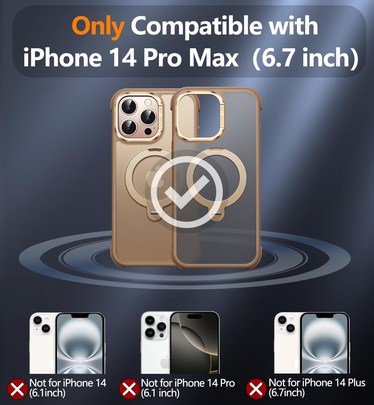 Reukdnv [Invisible 360° Spin Stand Magnetic Ring for iPhone 14 Pro Max Case [Compatible with MagSafe][Translucent Matte Back] Military Drop Protection Shockproof Cover with Kickstand 6.7",Desert Gold - Image 6