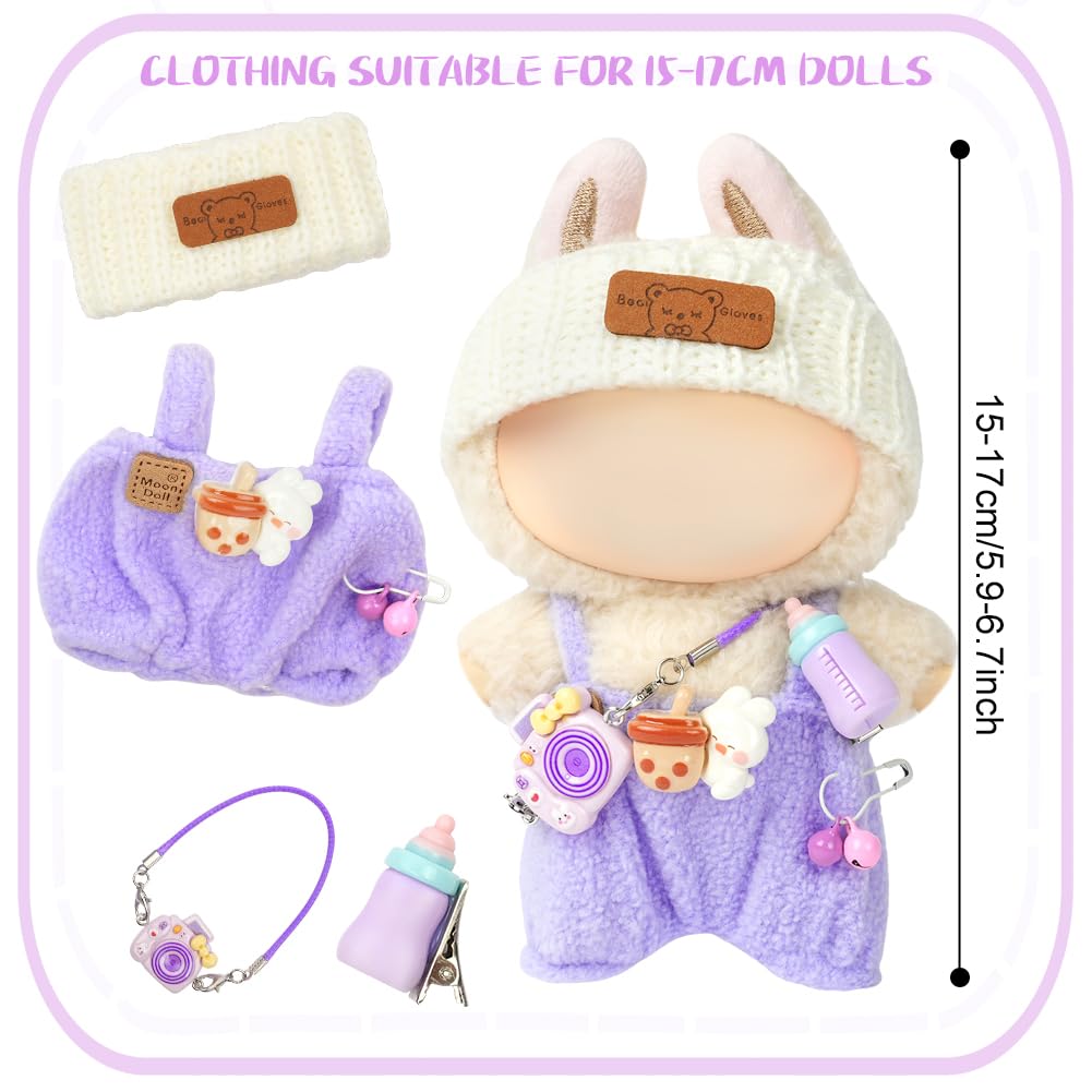 AOOTE Stylish Doll Clothes, 3 Pcs Dolls Clothes Set, Plush Dolle Cloth for 17cm Dolls, Set Include 1 Dungarees, 1 Wool Hat - Image 2
