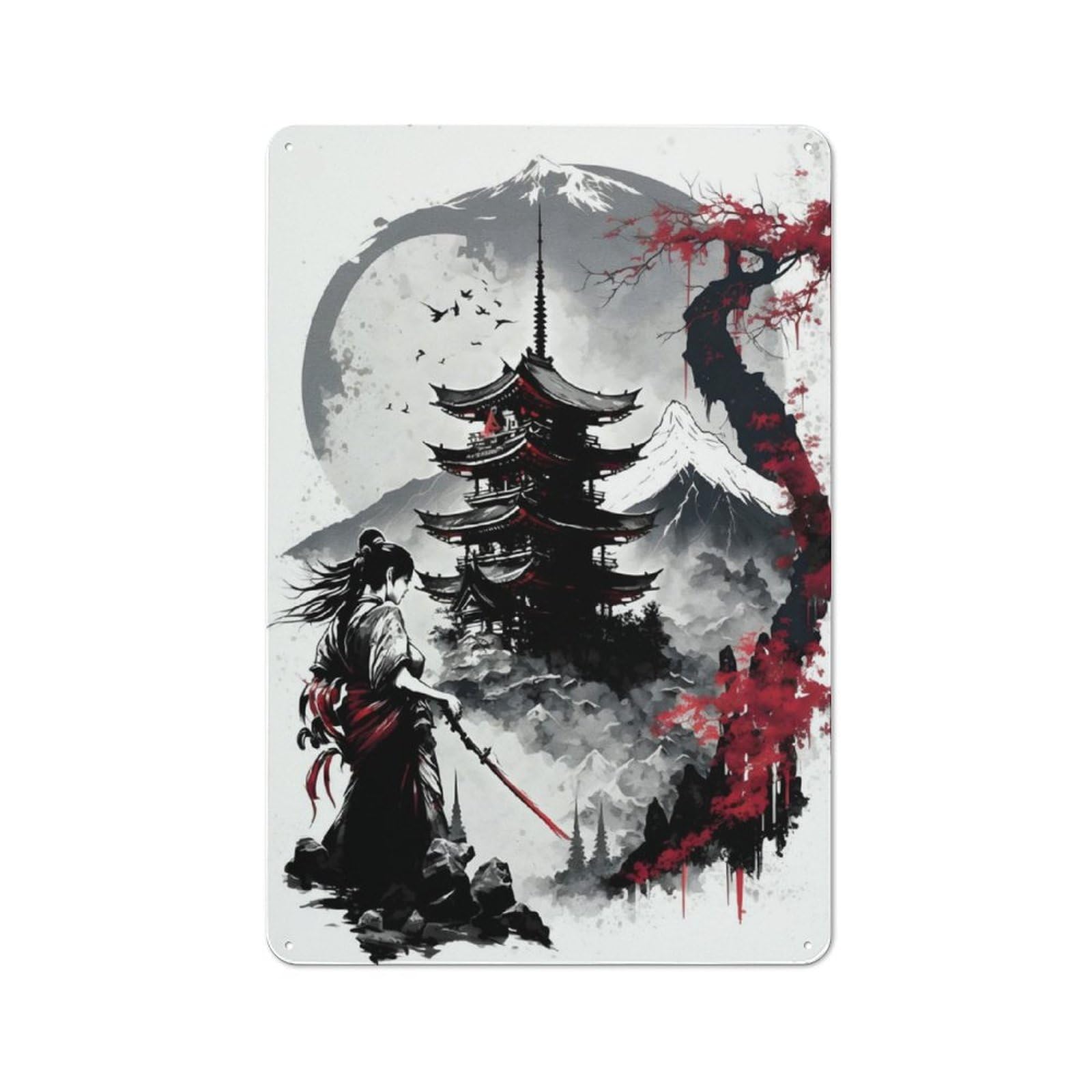 Junmoney Japanese Ink Wash 01 Metal Plaque 30X20cm With For Hallway Wall, Retro Decor, For Wall Display Collectors