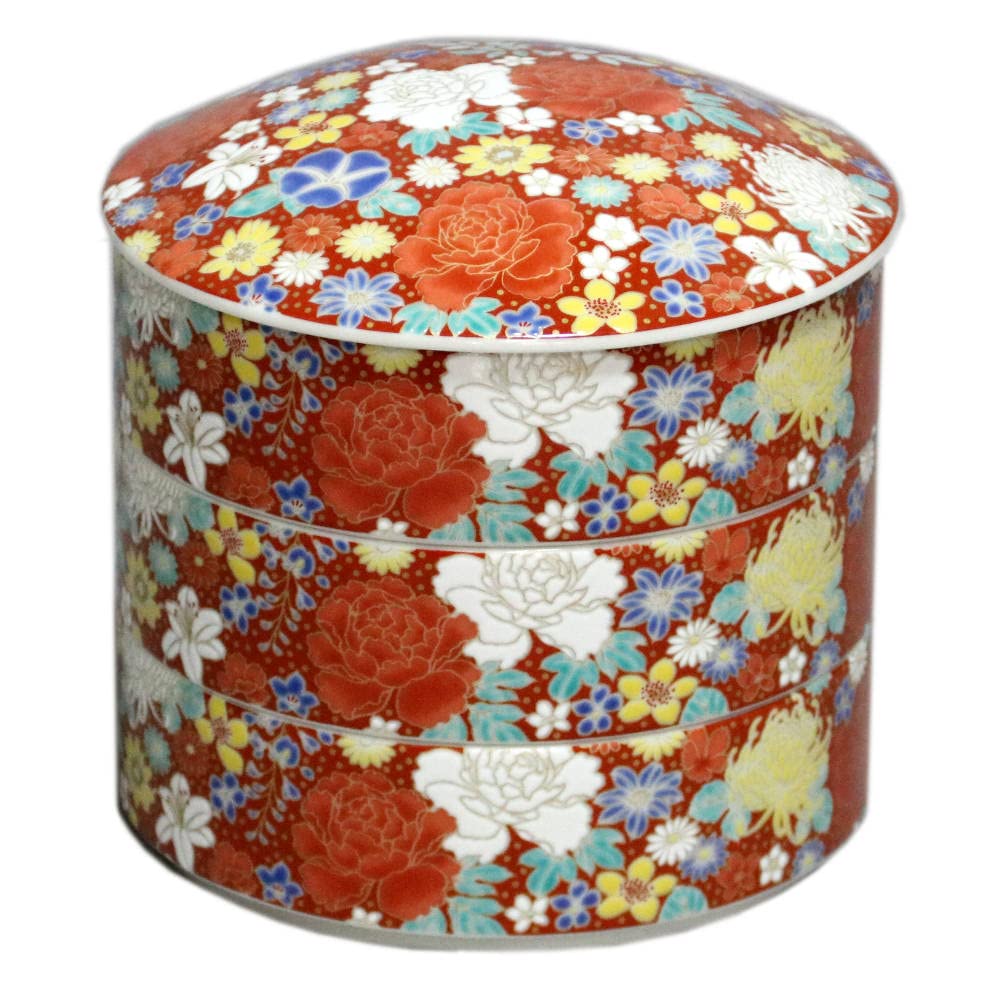 Amazon | 九谷焼 青郊窯 三段重 （重箱） 花詰 赤 SK-456 JAPAN KUTANI