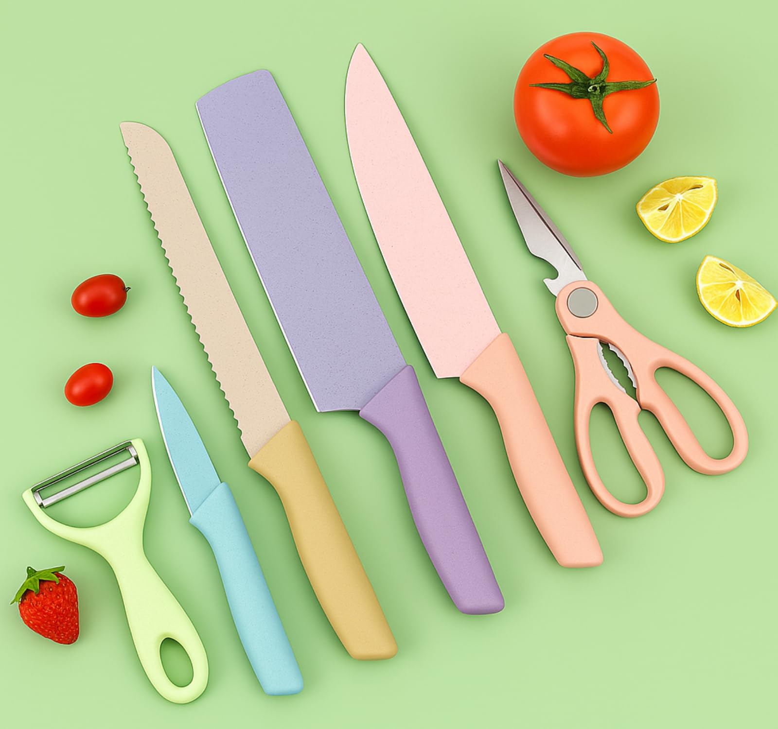 Professional Kitchen Knife Set of 6, High Carbon Stainless Steel Chef’s Knife, Bread Knife, Slicing Knife, Santoku Knife, Utility Knife, and Paring Knife with Non-Stick Blades