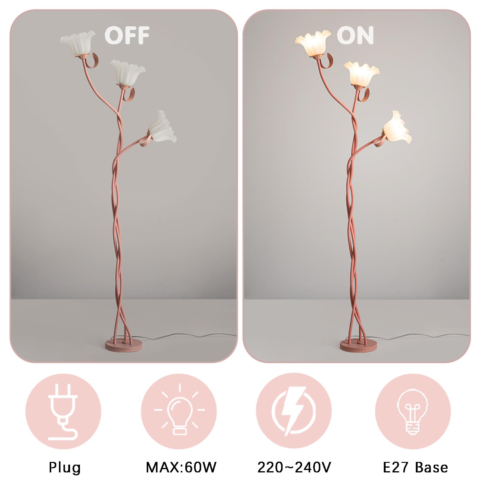 Blumen Stehlampe Wohnzimmer,Schwanenhals DIY Bogenlampe Standleuchte mit 3-Köpfe Rose,Spirale Stehlampe Dimmbar Leselampe Studie,Vintage Standing Floor Lamp für Schlafzimmer,BüRo,170Cm,Rosa