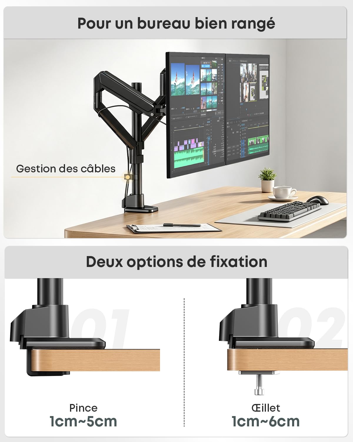Double Bras pour écrans 17-40 Pouces, à gaz, Mouvement Complet | Design ergonomique, alignement précis, stable & robuste, gain de place, 12 kg par bras, VESA 75/100, Noir