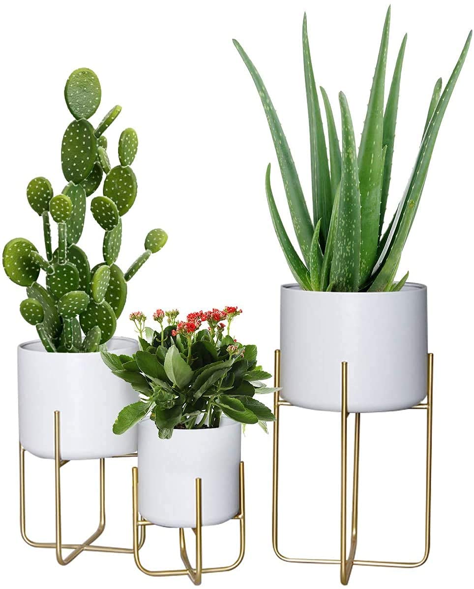 UV Planters with Metal Stand | Plant Pot with Gold Metal Stand | Matches Mid Century Modern Living Rooms | Container Box for Patio, Deck, Porch, Garden, Lawn || Pack of 3 (White) (B096P6WJFN) Amazon Price History, Amazon Price Tracker
