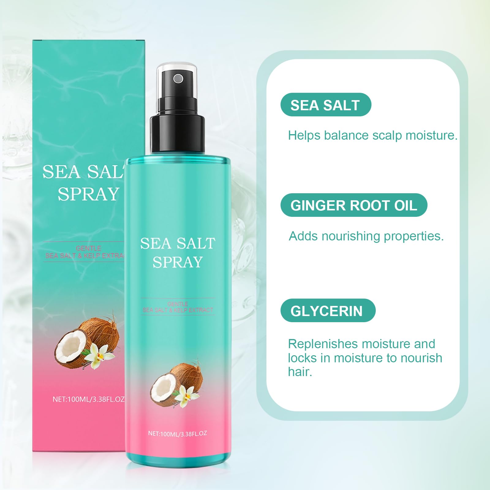2 Pièces Sea Salt Spray, 100ml Spray Cheveux Sel de Mer avec Sel Marin Naturel pour Volume, Brillant & Tenue Flexible, Texturisant Cheveux pour Boucles et Vagues Beach, Finition Mate, Unisexe