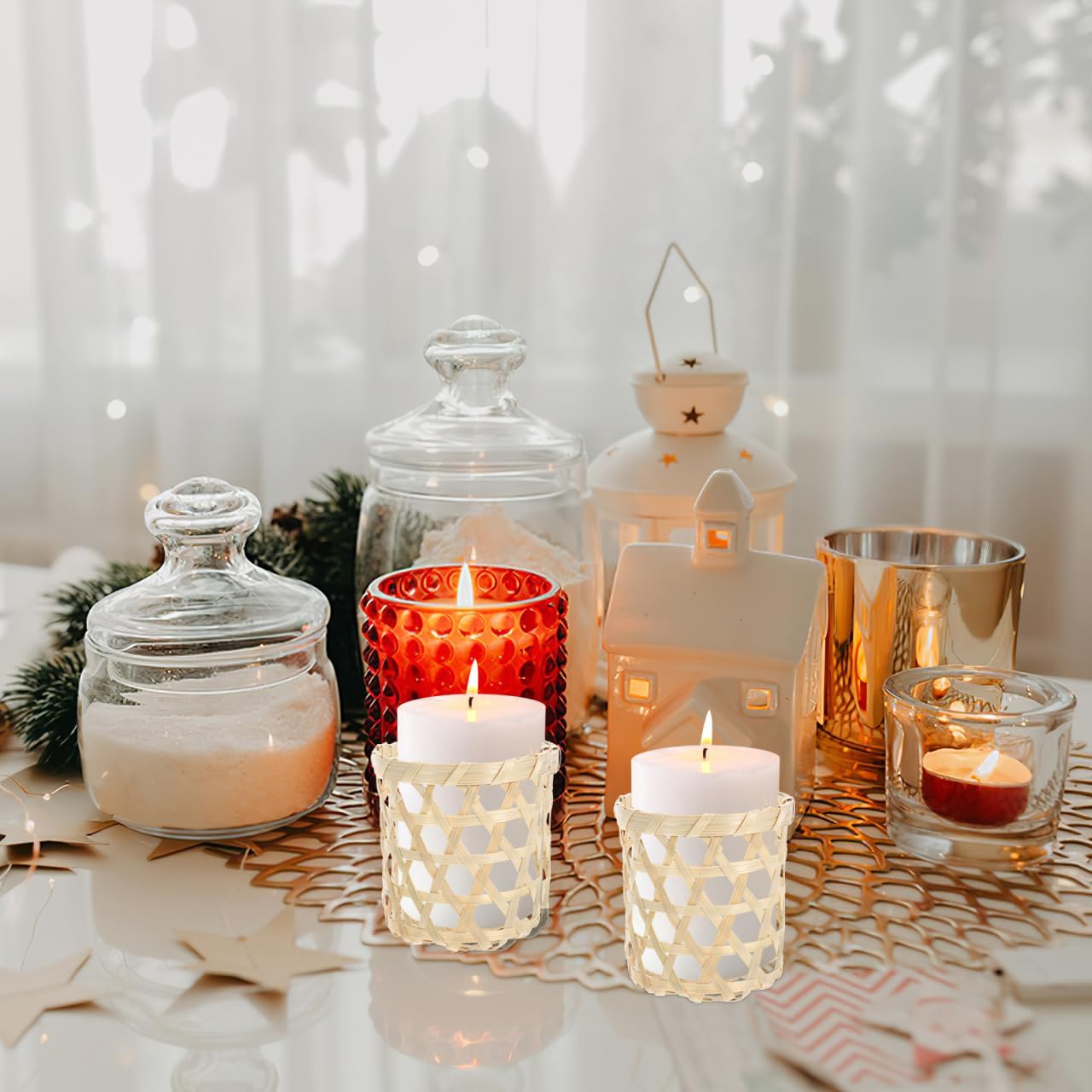 20 PCS Woven Candle Holders Natural Rattan Tea Light Holder Votive Candle Holde·r Sleeves for Wedding Table Decor Centerpiece Vintage Wicker Cup Holde·r for Party Dining Room Events Supplies