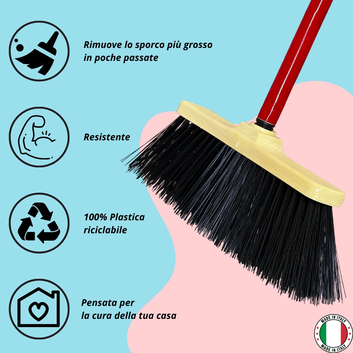 Tomaino - Scopa Da Esterno con Setole In Plastica Dure - Scopetta Ispessita ideale Per Tutti i Pavimenti Ruvidi del Cortile, Giardino, Terrazzo, Balcone, Piazzale, Garage