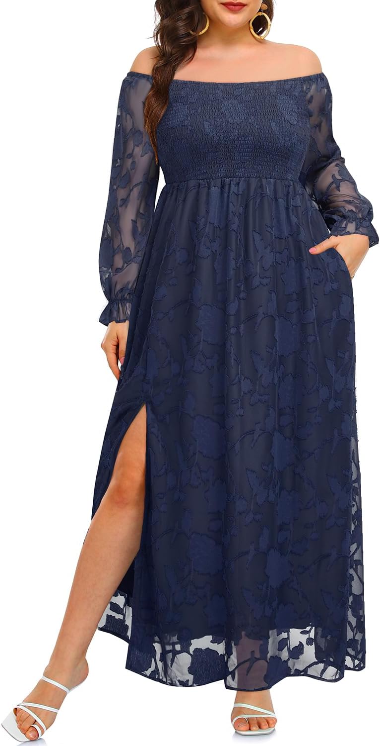 Plus Size Summer Dresses - Boho Casual Off Shoulder Floral Long Maxi Dress with Pockets