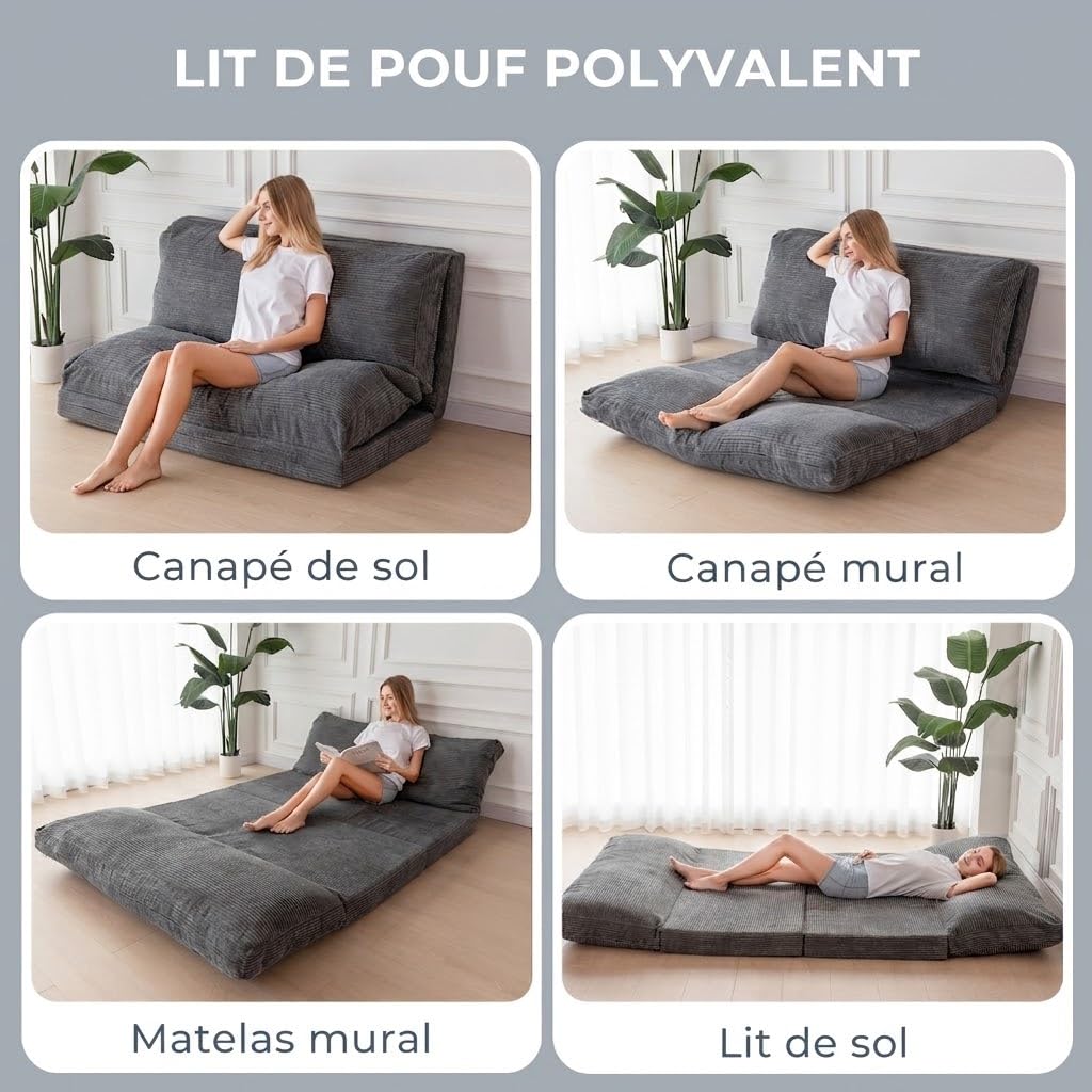 MAXYOYO Pouf pliable en velours côtelé avec rembourrage en mousse, extra épais, 4 couches, matelas/canapé de sol pour adultes, housse amovible et lavable en machine, anthracite, 135 x 240 cm