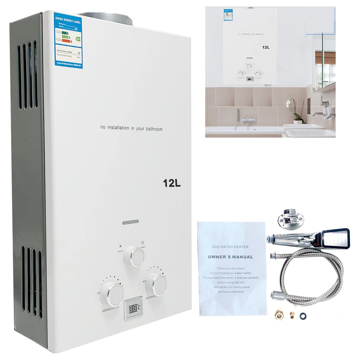 ECUTEE Instant Hot Water Heater Portable Gas Propane LPG Water Heater 12L  24KW for Home Apartment Camping Outdoor Garden, Boiler Stainless Steel  Tankless LED Display Water Heater w/Shower Kit White : Amazon.co.uk: