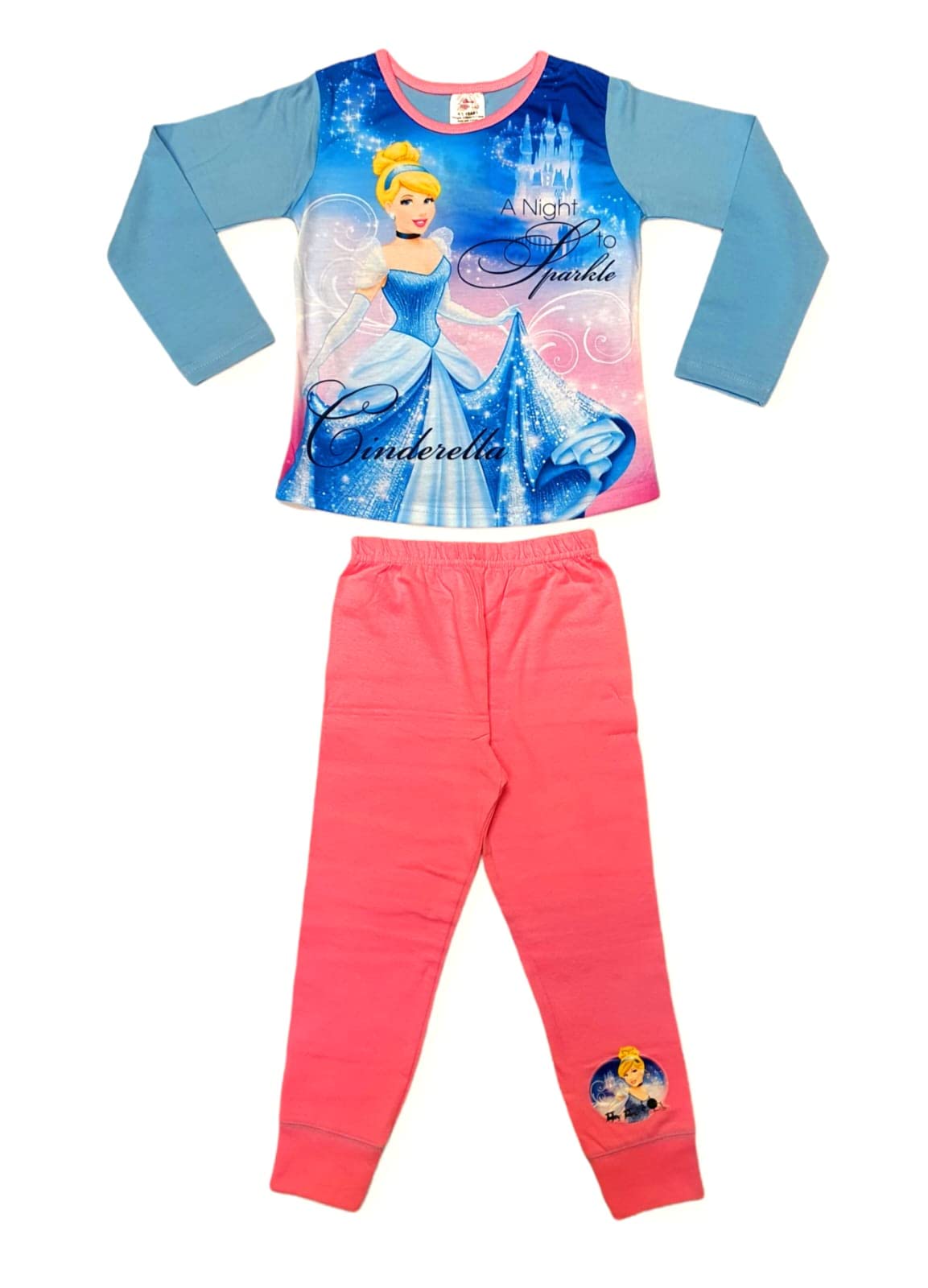 Disney Girls Princess Cinderella Sparkle Pyjama Set Pjs Nightwear Size 7-8 Years