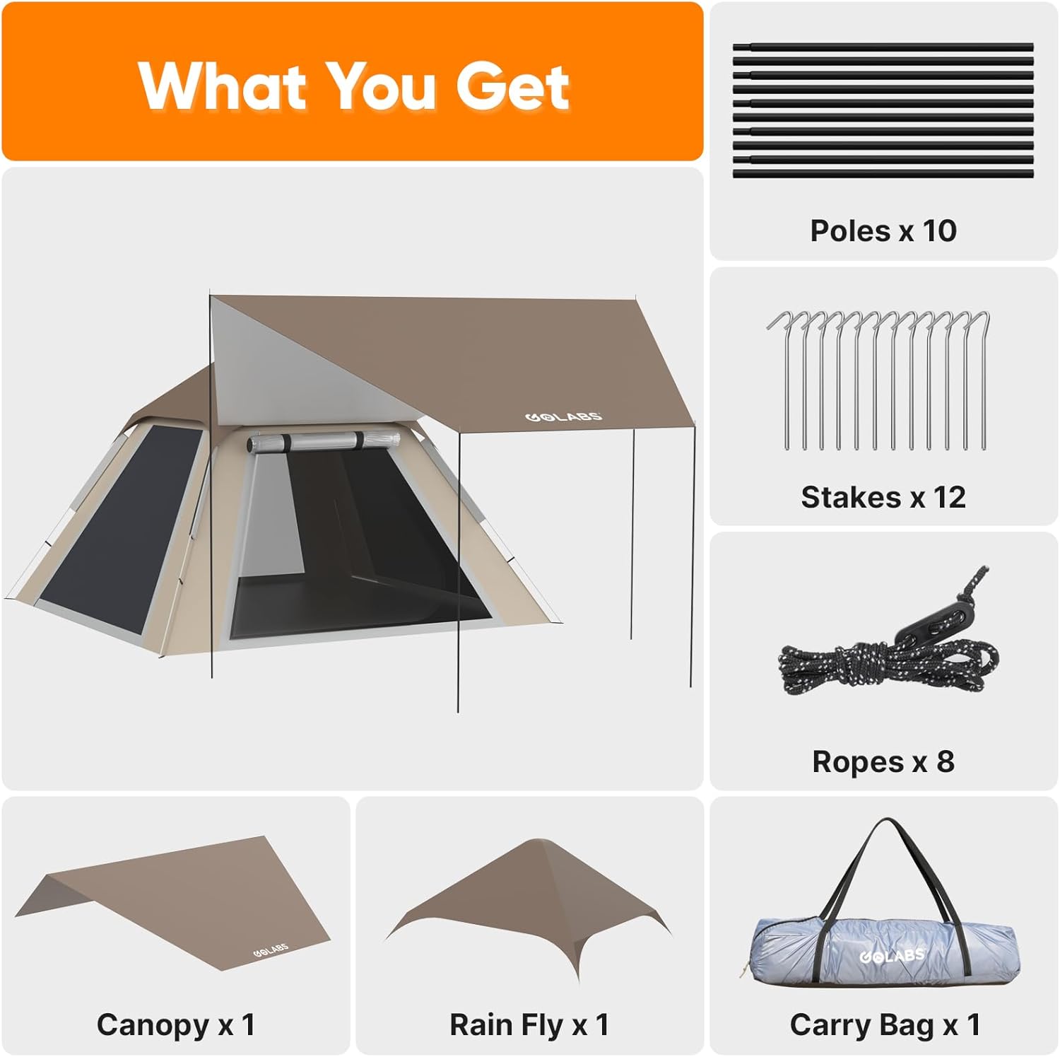 Golabs 3-4 Person Instant Camping Tent, 1-Minute Setup by Pre-Attached Pole, PU1500mm Waterproof, 4 Side Mesh & Door Ventilation with Large Canopy, Pop-up Tent with Carry Bag, Pocket & Hook for Family