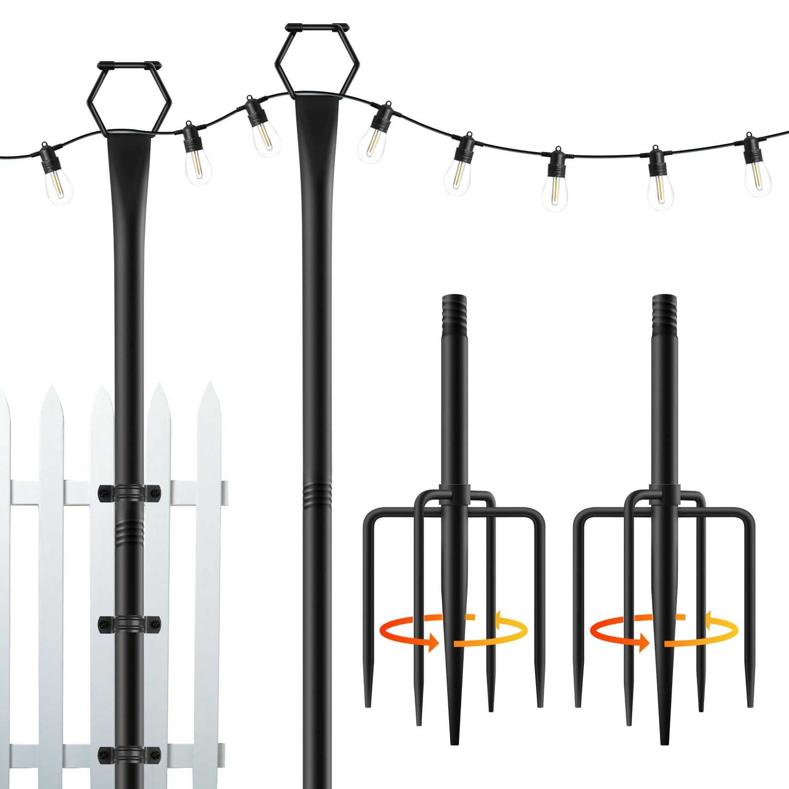 Lot de 2 guirlandes lumineuses d'extérieur de 3 m pour extérieur - Poteaux lumineux réglables avec supports de clôture, support en métal pour terrasse, patio, jardin