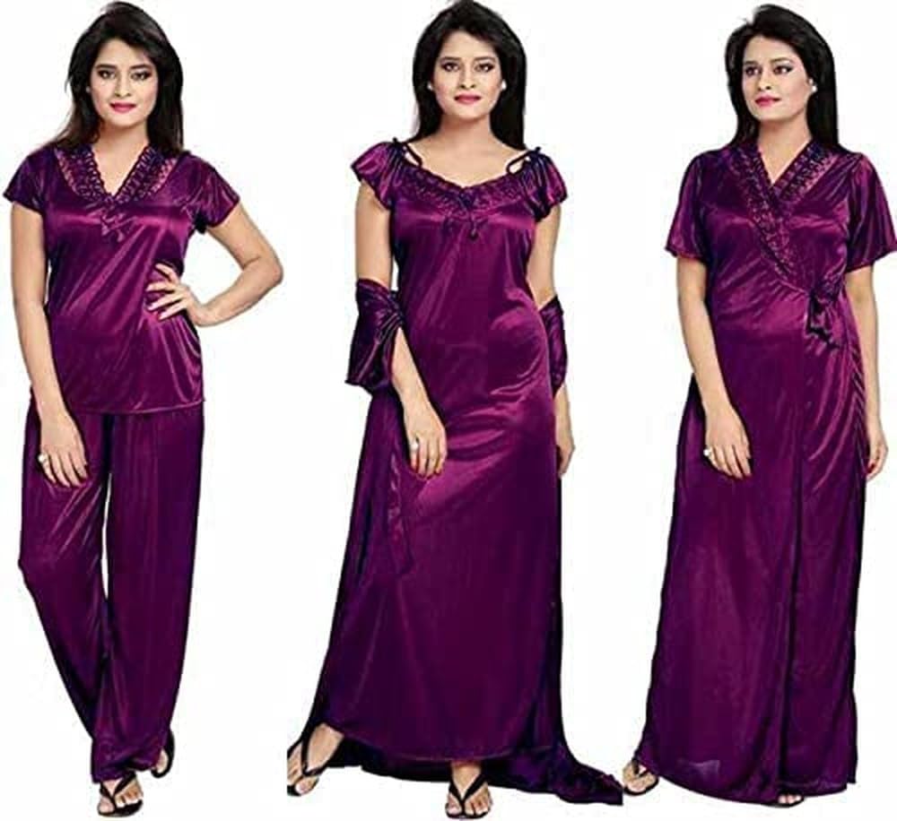 phkmall Women's Satin Nighty Set (Set of 4) Purple Color-picture-28