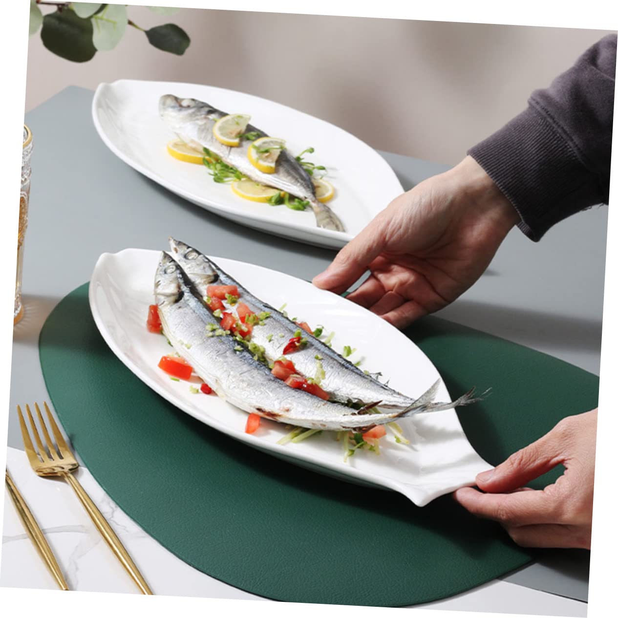 Piatto Pesce in Ceramica Bianca, Piatto da Portata a Forma Ellittica