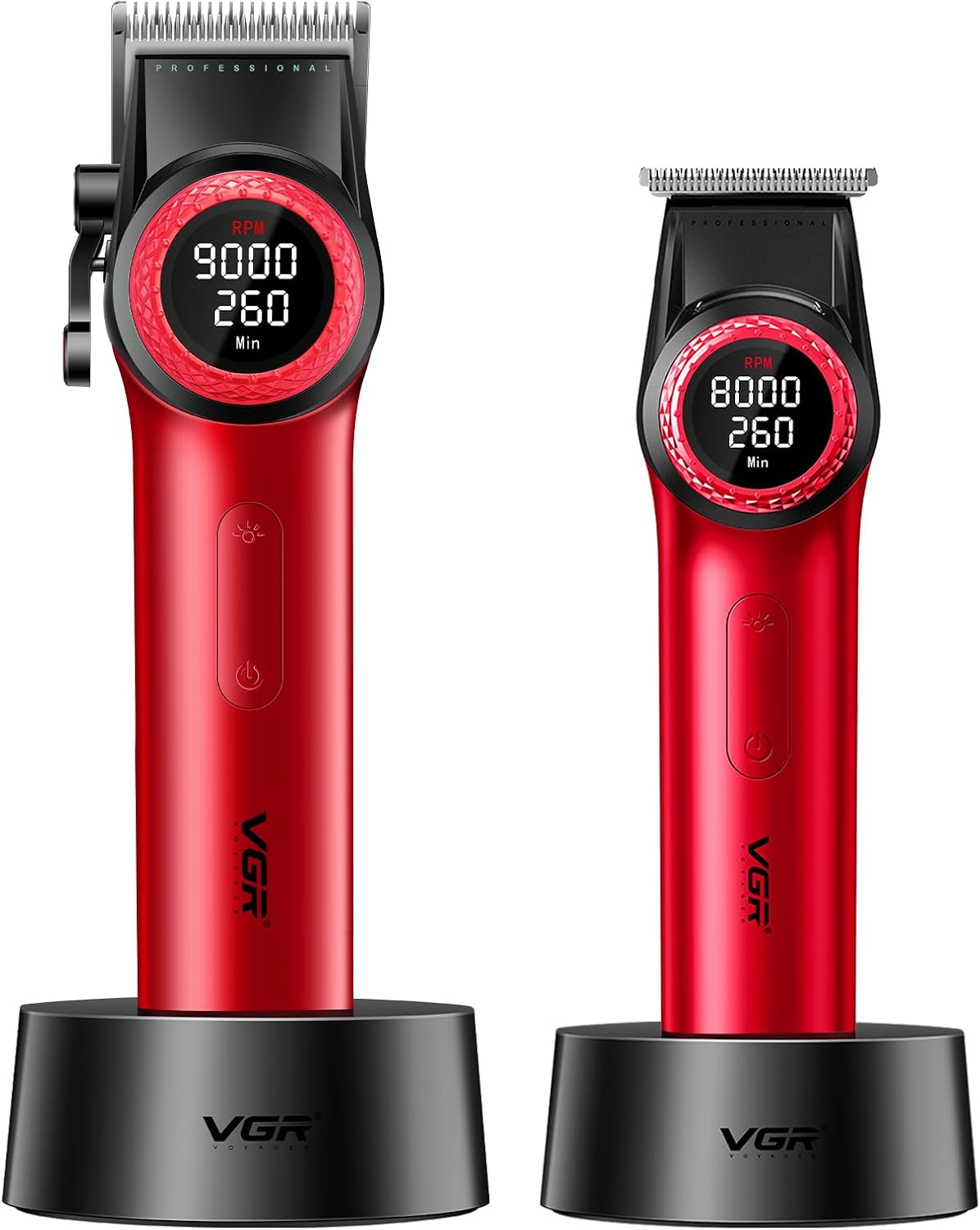 VGR 001 & 977 Professional Hair Clippers for Men, Cordless Barber Clippers and Zero Gap Trimmers Set, DLC Coating Blade Hair Cutting Kit with LED Display, USB Rechargeable Barber Set(Red) - Image 2