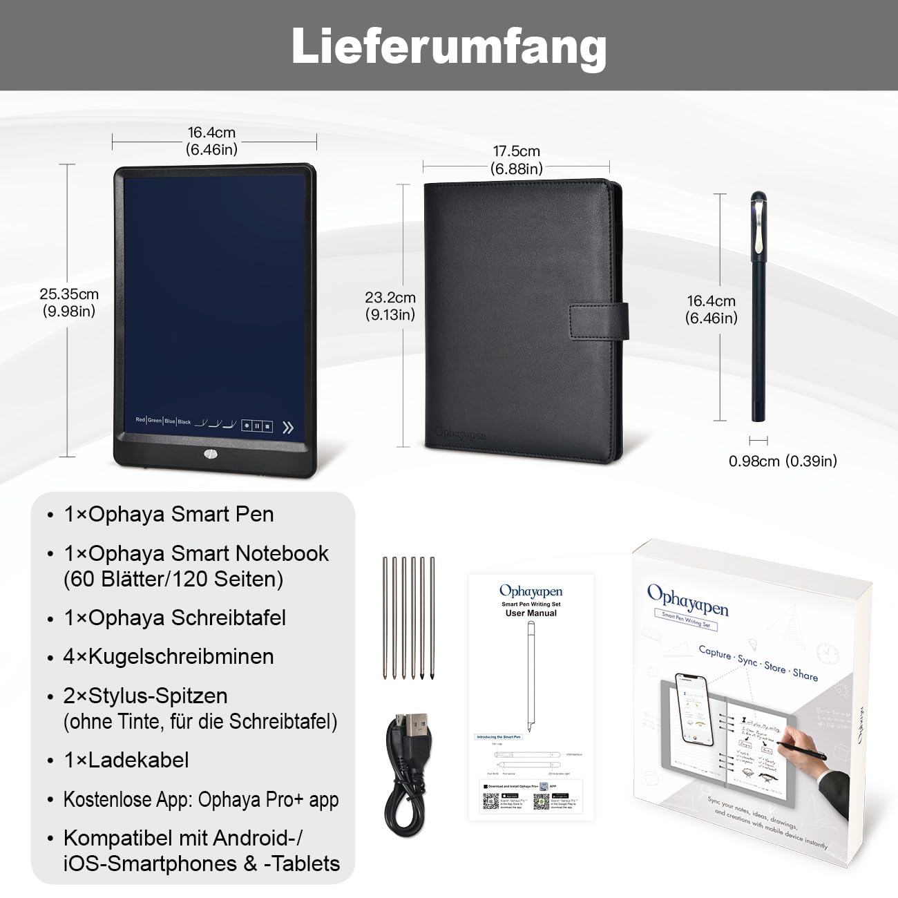 Ophaya 3-in-1 Smart Pen Set – Notizstift mit Notizbuch & LCD Schreibtafel, OCR Handschrift-zu-Text, Audioaufnahme, Bluetooth 5.0, kein ABO – für Studium & Business