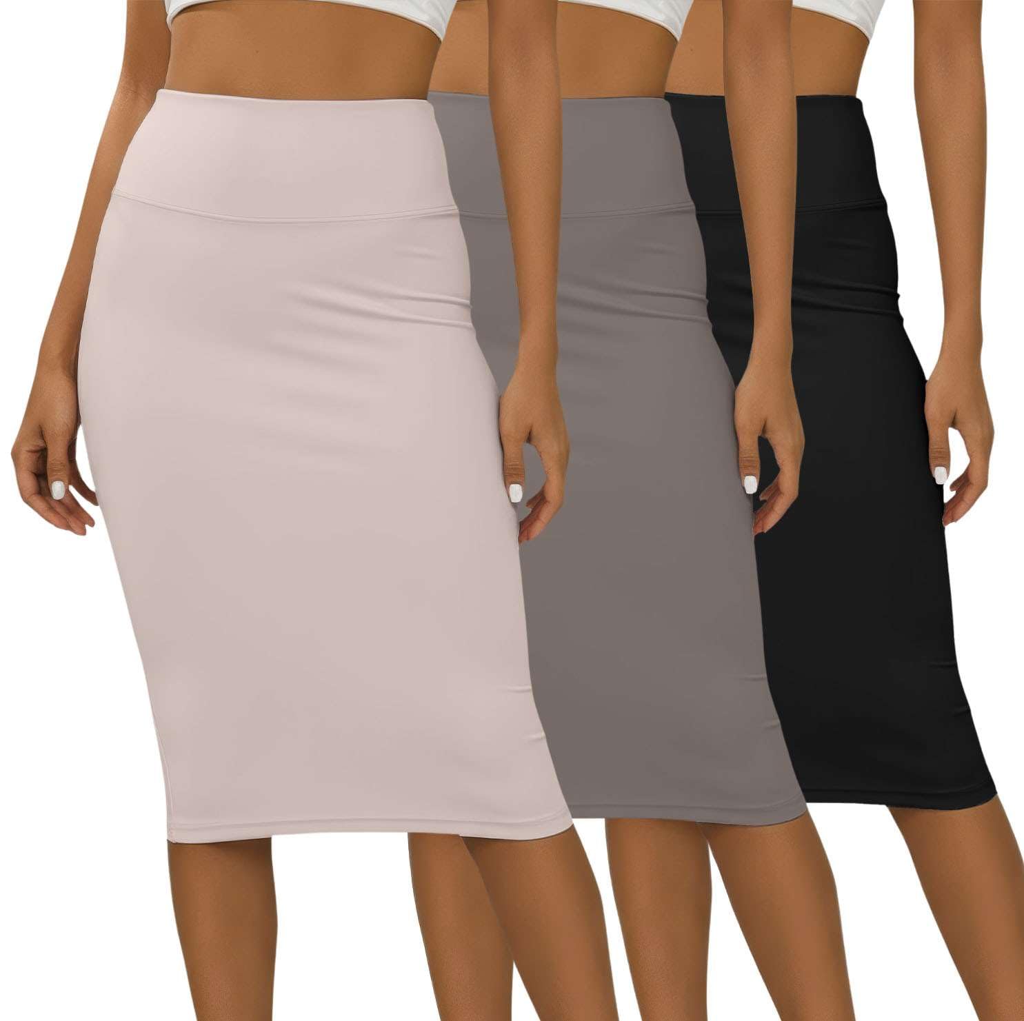 Real Essentials 3 Pack Womens Soft Midi Skirt High Waisted Pencil Work Office Business Casual Skirts with Back