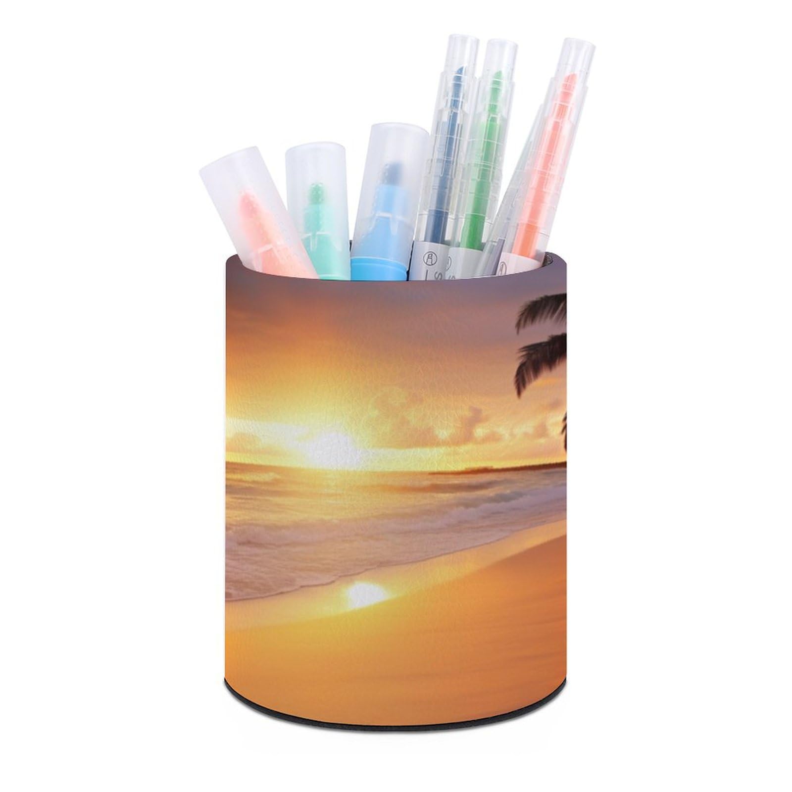 JTREHY Round Pen Holder,Tropical Beach Sunset Printed Makeup Brush Storage Box Desktop Stationery Storage Cup Office Accessories Storage Box Pencil Storage Box for Home Office Dressing Table