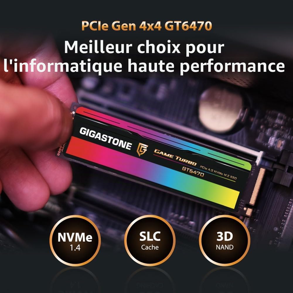 Gigastone SSD NVMe 1To M.2 2280 PCIe Gen4, jusqu'à 7,300 Mo/s pour PS5 Ordinateur Portable et de Bureau, internes Disque Dur ssd 3D NAND SLC Cache Les Passionnés de PC Les Joueurs GT6470