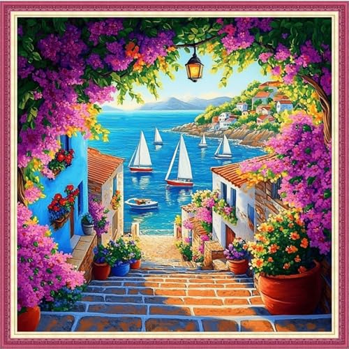 Image of Fanxvivy Stamped Cross Stitch Kits for Beginners Full Range of Cross Stitching Preprinted Embroidery Kits for Adults, 11CT Embroidery Pattern Needlepoint Kits-Seaside Floral Scenery 18x18 inch