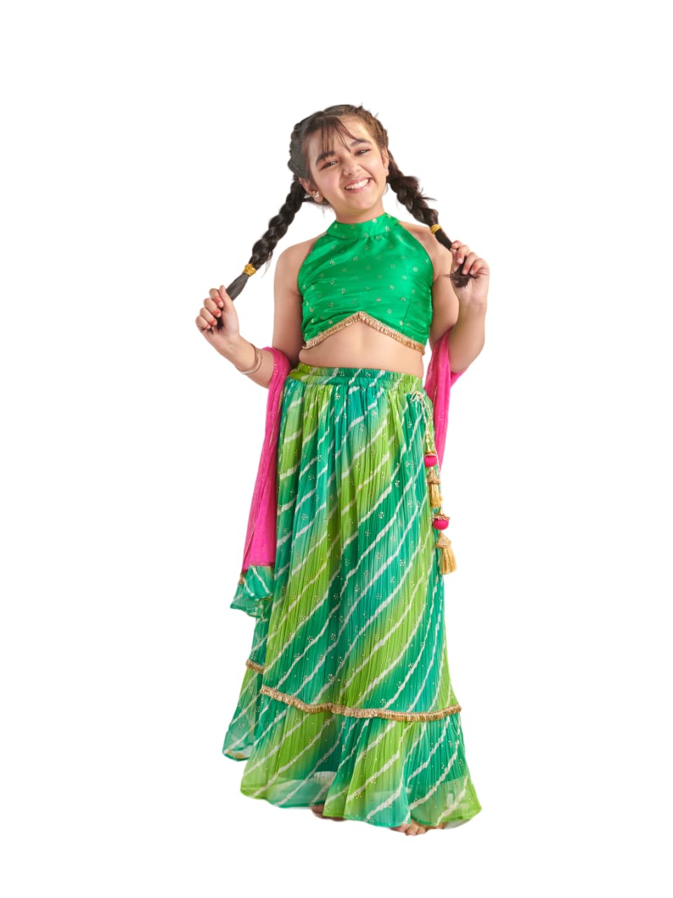 Pspeaches Girl's Silk Blend 1 Lehenga, 1 Choli, 1 Dupatta (L-Greenmulticrinkle-14- Green_14-15Y)
