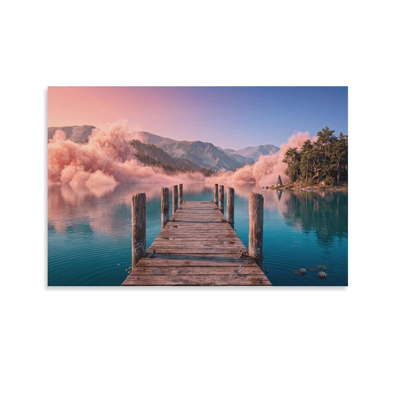 XPASHIQWC Pink Mist Lake Poster Artwork Wooden Pier Giclee Canvas Prints Modern Wall Art Picture Wall Hanging for Living Room Bedroom Home Decorations 24x36inch(60x90cm)