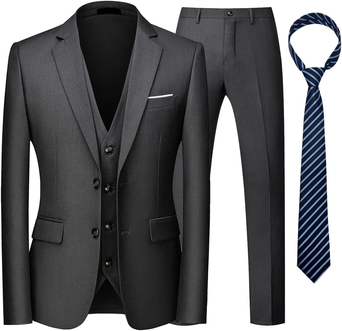 KUDORO Herenpakken 3-delige slanke pasvorm enkele rij knopen twee knopen bruiloft smoking pak blazer vest broek met stropdas, Grijs, M