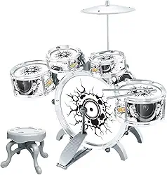 BATERIA INFANTIL ROCK N' ROLL COM BANQUINHO BAQUETA BH STORE (Branca)