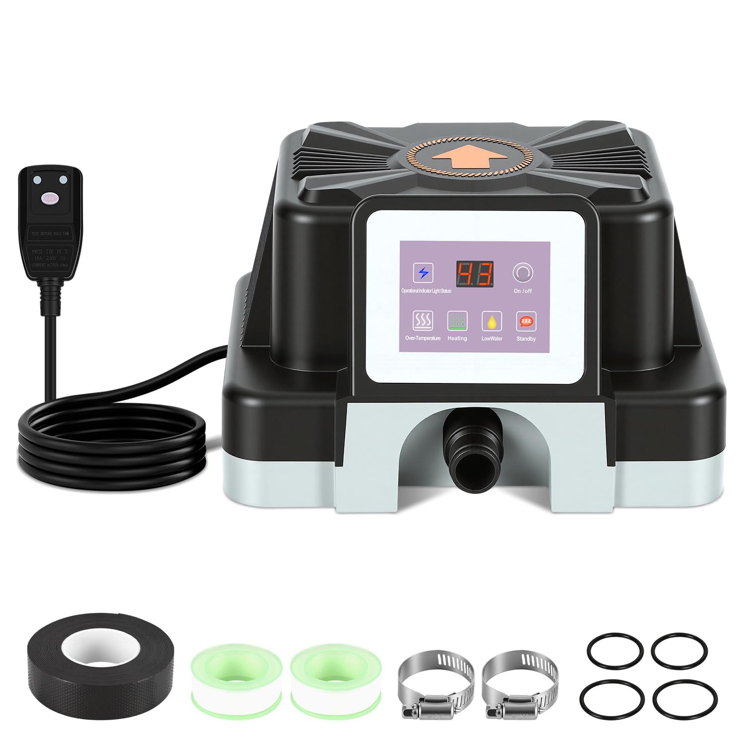 Poolheizung Elektrisch 3KW mit Digitalanzeige, FI-Schutz, Kippschutz, Schwer Entflammbarem Gehäuse, 32–38 mm Anschluss, Heizt bis 45 °C, inkl. Zubehör