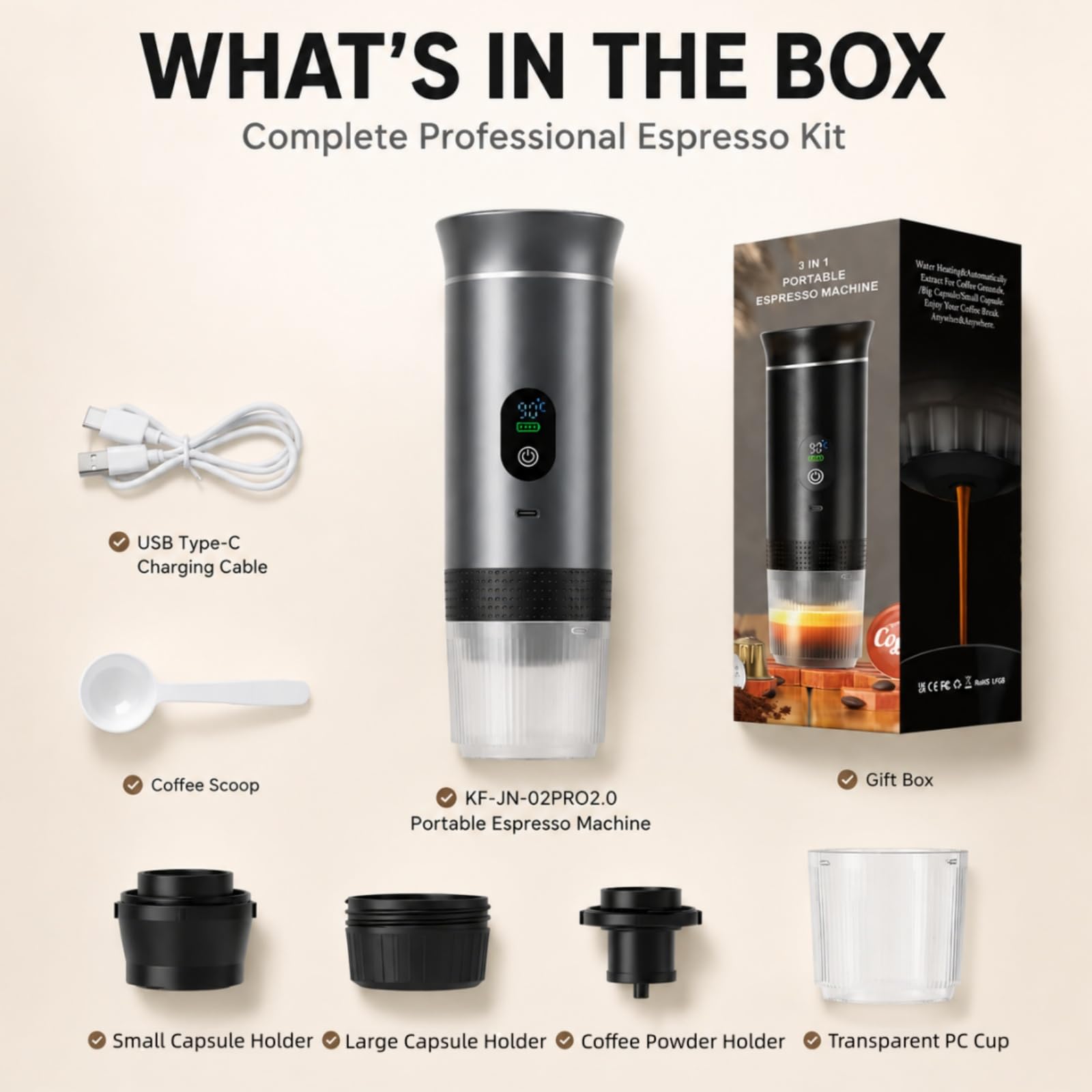 Cafetera portátil con autocalentamiento, 3 en 1, recargable, para coche, camping, viajes, compatible con cápsulas y café en polvo, gris