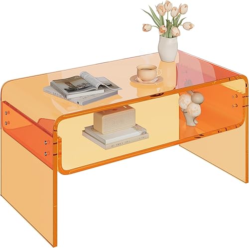 Miniatura 7 de Mesa auxiliar acrílica de 2 niveles, mesa auxiliar con estante de almacenamiento, mesa central moderna para sala de estar, oficina, dormitorio,
