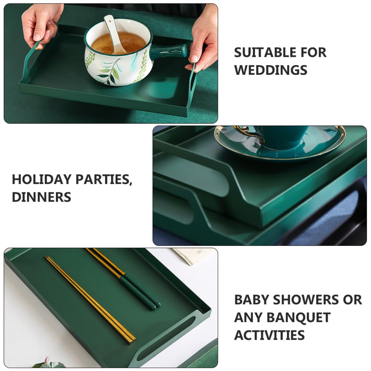 Bandeja Rectangular Color Verde para Servir Postres y Aperitivos con Asas de Hierro en Showers y Fiestas Navideñas