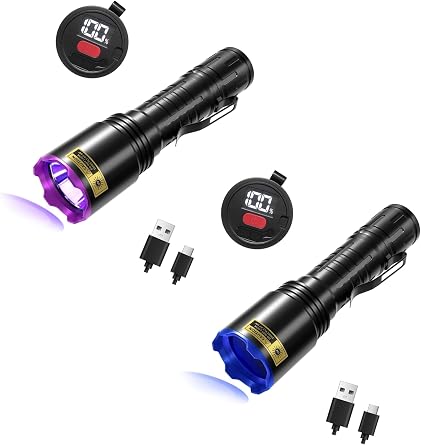 UV Flashlight 365nm & 395nm Blacklight Rechargeable USB, Woods Lamp Ultraviolet Black Light LED Portable - Detector for Pet Cat Urine, Stains, Resin Curing, Uranium Glass, 2 Pack