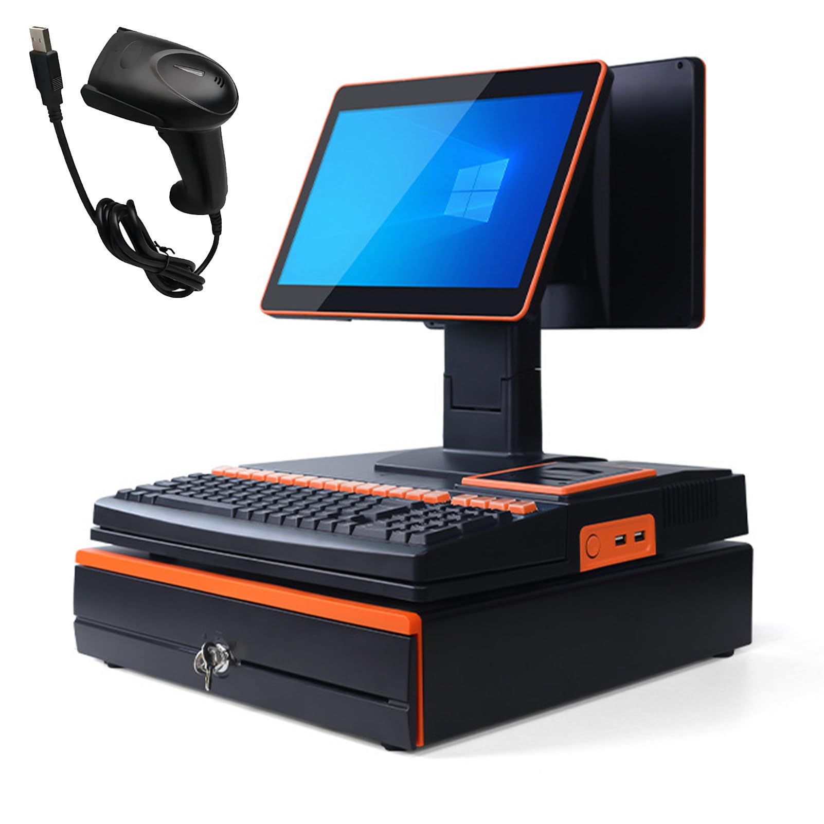 PweKzxt All-in-one Cash Register for Restaurants & Retail, Single/Dual Screen, with Barcode Scanner, Printer, Cash Drawer, for Retail Restaurant Supermarket Black-DualDisplay