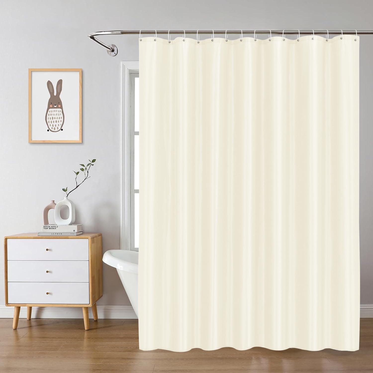 LUKDUNG 240 x 200 cm Polyester Textile Shower Curtain Anti-Mould for Bathroom, Curtain for Bathtub Shower Made of Fabric Waterproof Washable Shower Curtain with 16 Hooks Beige