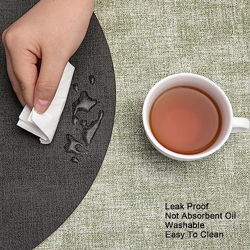 Myir JUN Leather Placemats and Coaster Set of 6, Table Mats Round Waterproof Dual Sided Kitchen Place Mats Coffee Mats Heat Resistant Placemat Non-Slip Washable (set of 6, Grey Green) - Image 3