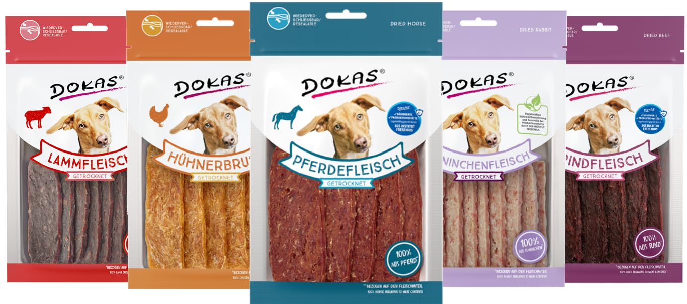 Dokas Premium-Mix Hundesnack Bundle | 5 Sorten je 1x Pferd, Rind, Huhn, Kaninchen, Lamm | Schonend getrocknet & ohne Zusatzstoffe | Getreidefrei, hoher Fleischanteil
