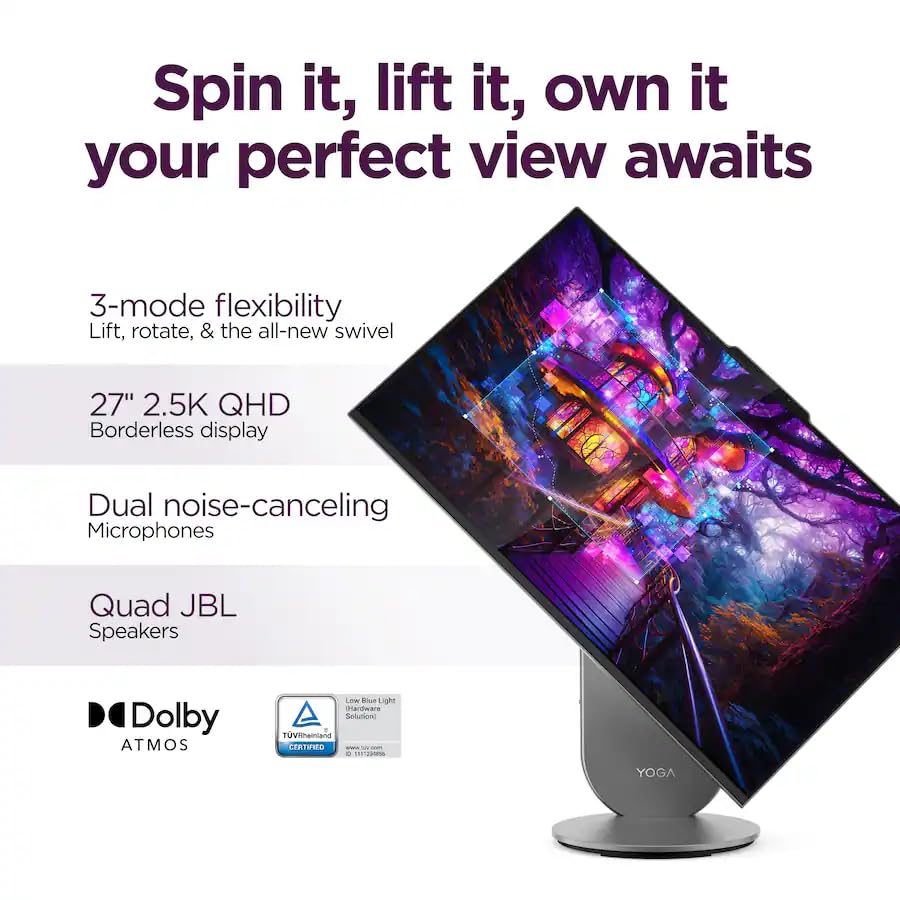 Image of Lenovo Yoga AIO 27 inch All‑in‑One - Intel Core Ultra 7 255H, Arc 140T GPU Win 11 Pro, 2‑Year CPS Warranty Upgrade - Luna Grey (2TB SSD|16GB RAM)