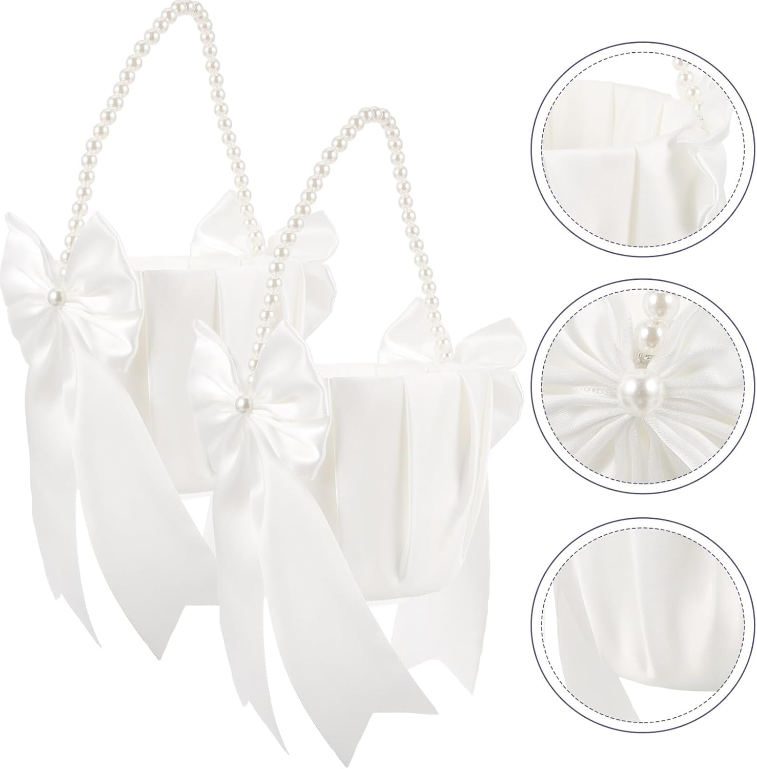 Wedding Bride Flower Basket with Pearl Handle, Ivory Flower Girl Petal Basket for Wedding Ceremony and Party Supplies, 2pcs Set