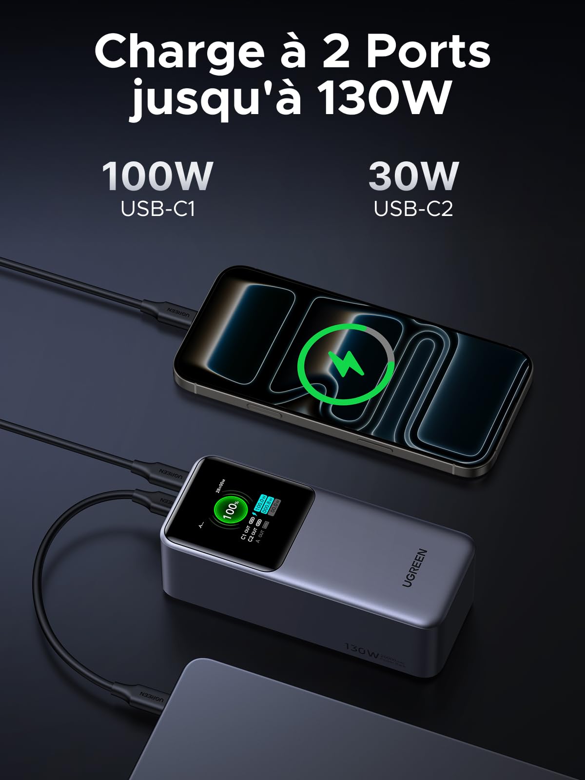 UGREEN Nexode Pro 130W Batterie Externe 20000mAh Power Bank USB C PD 100W