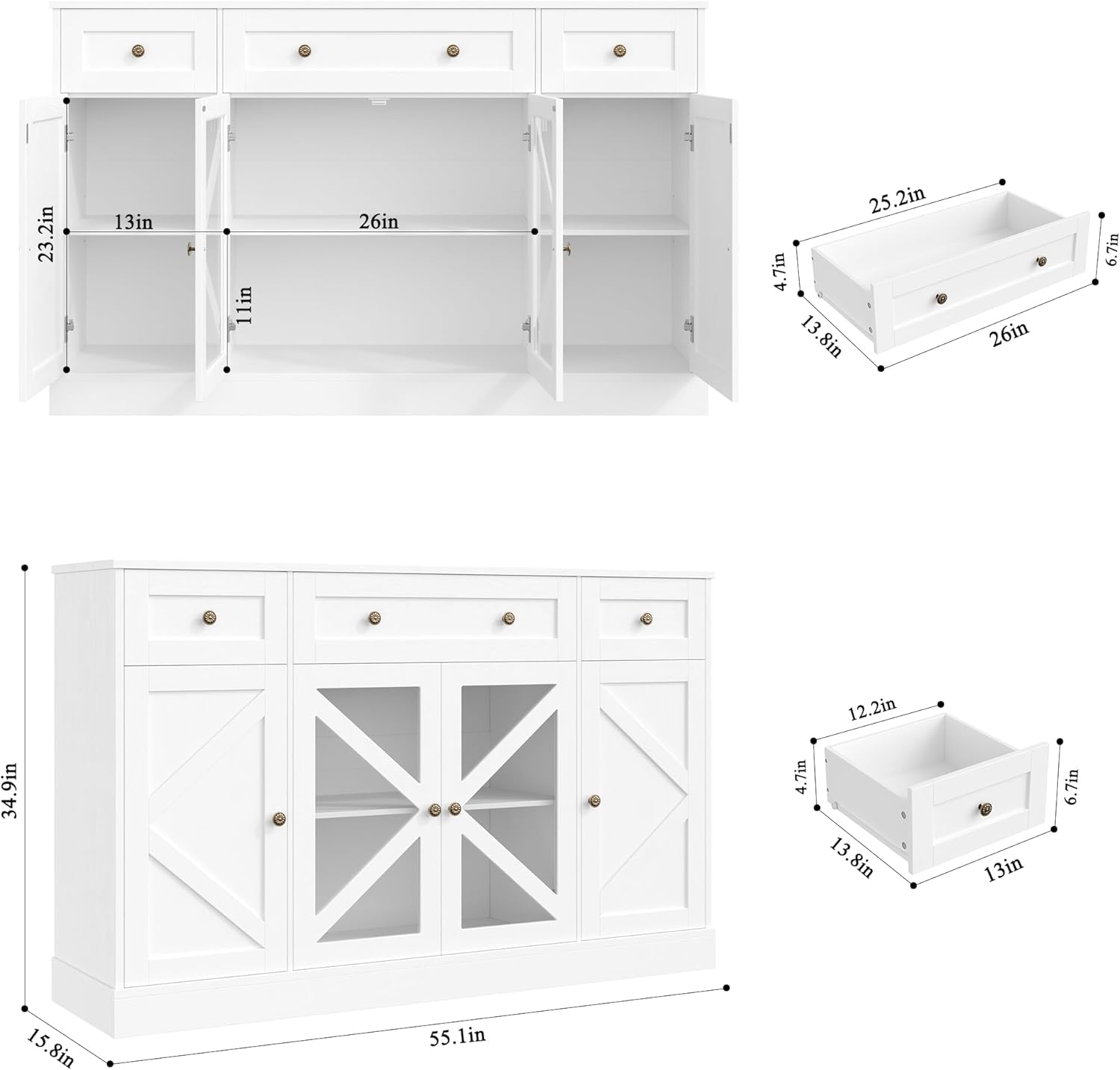 Detailed dimensions of the Keyluv Buffet Sideboard