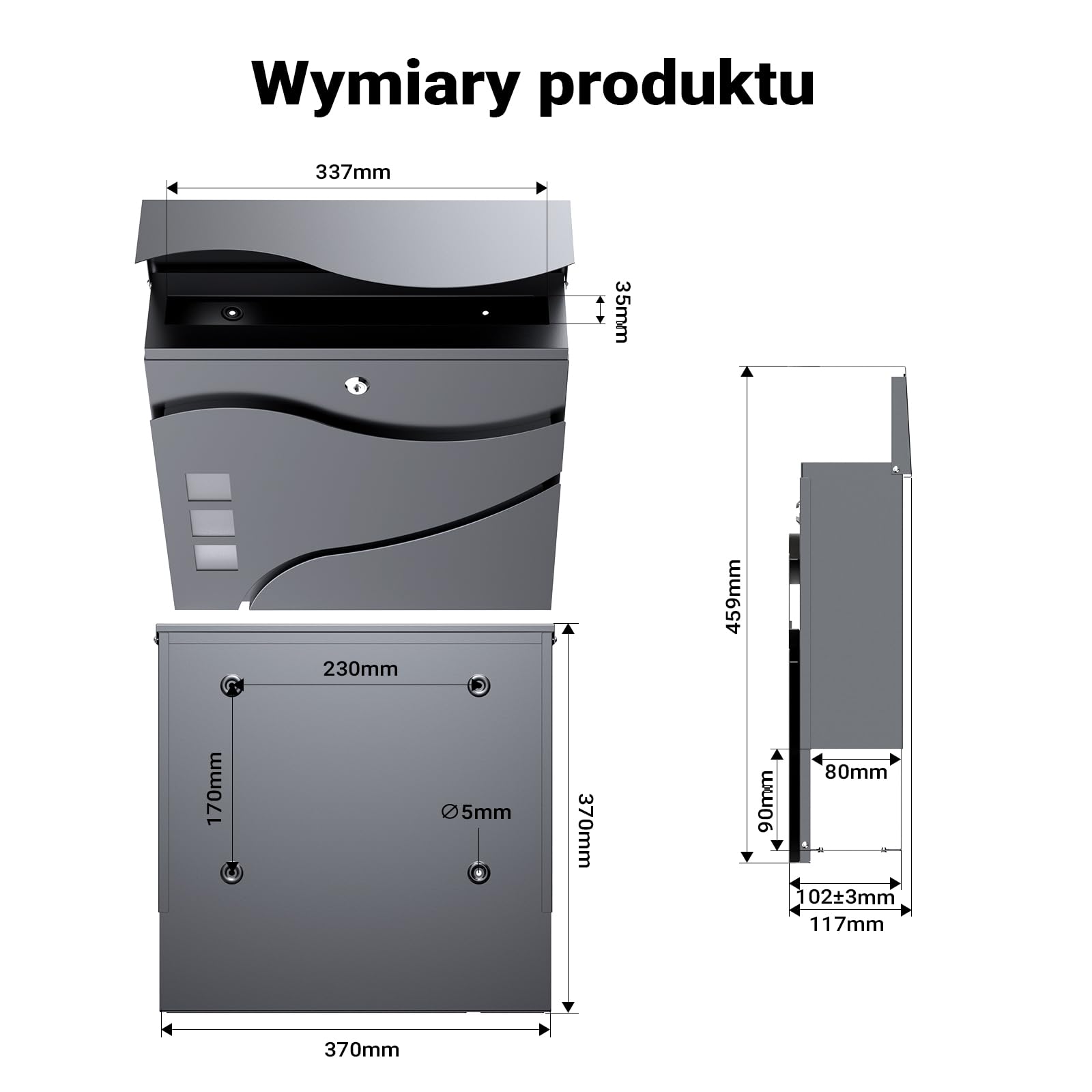 Wiltec Skrzynka na listy antracytowa V28, stalowa z ukrytym zamkiem i wizjerem, skrzynka pocztowa do montażu na ścianie i stojaku z miejscem na gazety