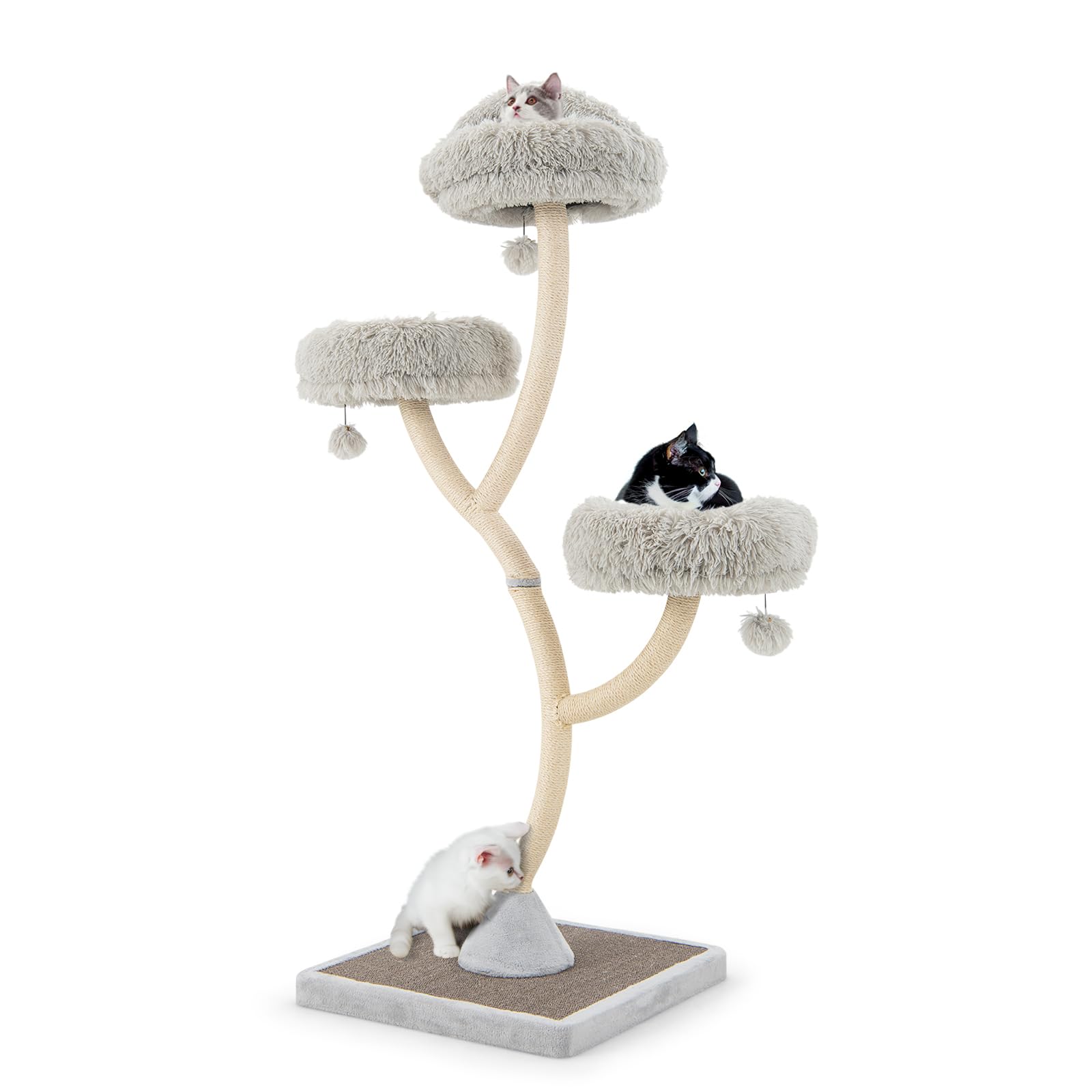 SOARS Albero Tiragraffi per Gatto Alto 180 cm a 4 Livelli, Albero per Gatti Forma di Rami con 3 Nidi e Pompon, Torre Gatti Struttura in Metallo e Base in Sisal, 59 x 59 x 178 cm (Grigio)