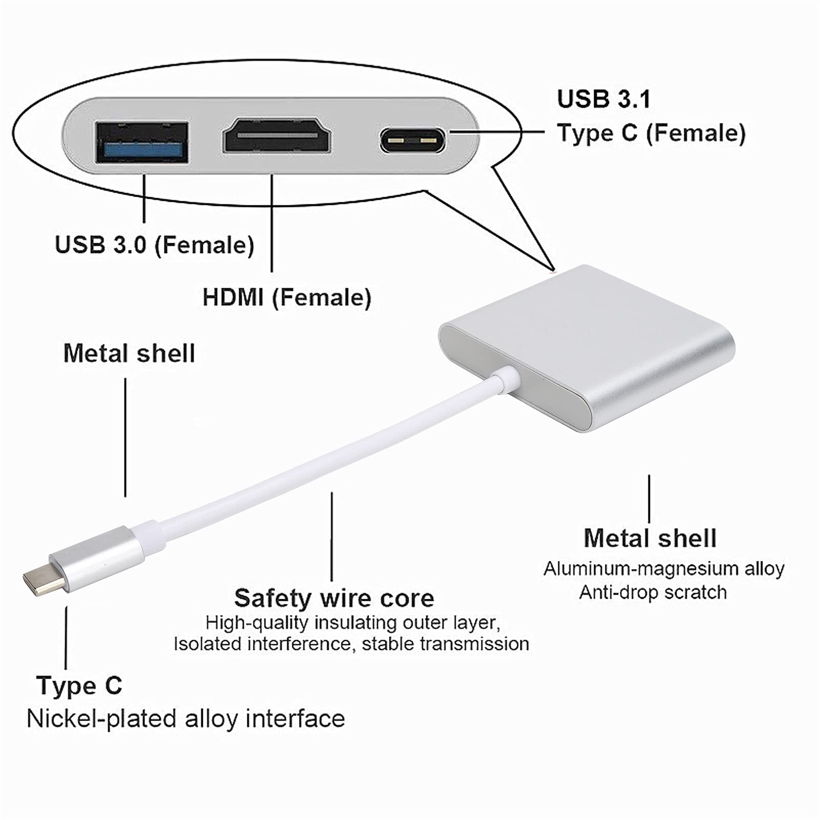 Wakects Adapter USB C 3.1 Hub 3 w 1, 4K 60Hz (SILVER)