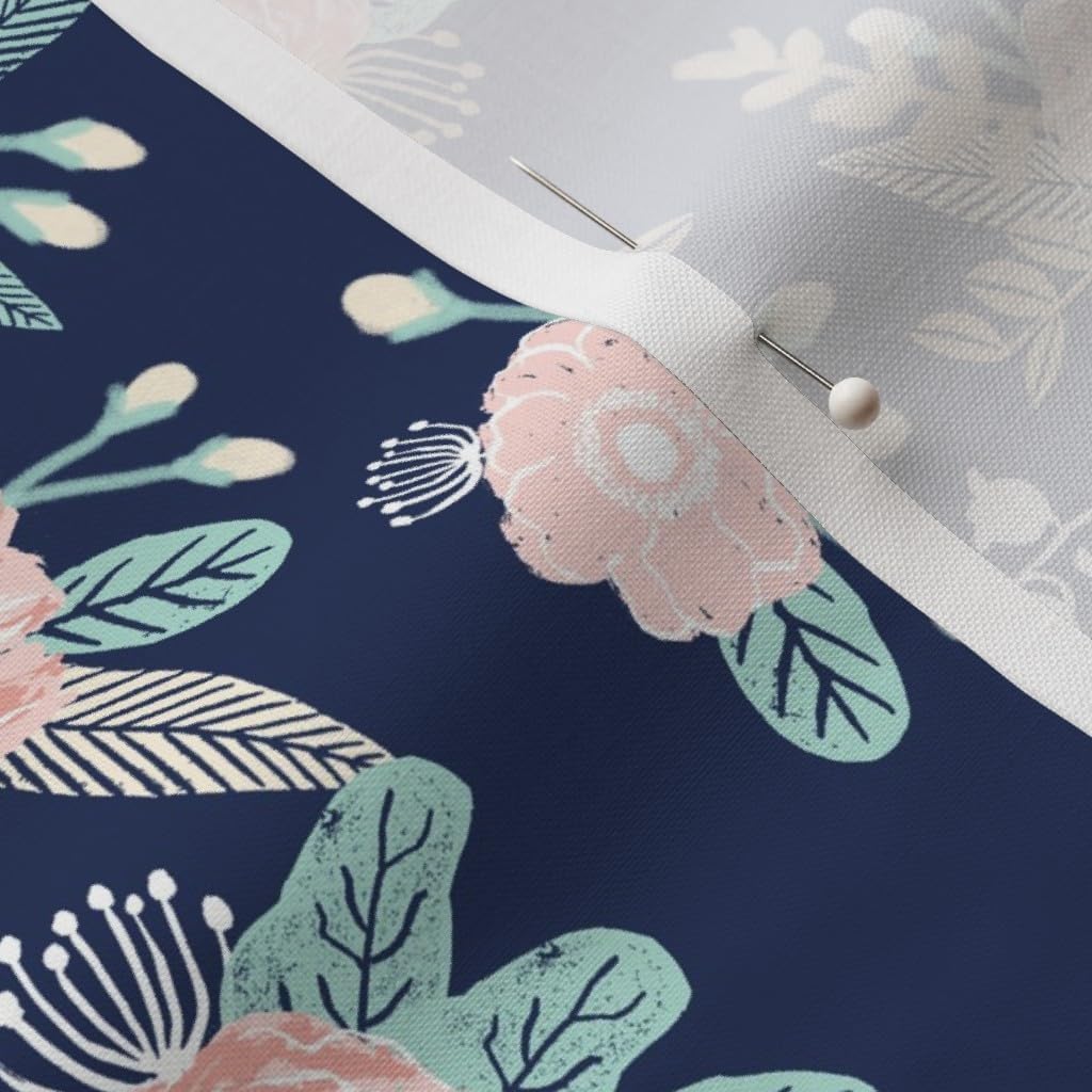 Spoonflower Fabric - Florals Navy Blue Blush Pink Taupe Floral Painted Flowers Printed on Petal Signature Cotton Fabric by The Yard - Sewing Quilting Apparel Crafts Decor