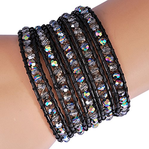 NewZenro Genuine Leather Bracelet Multi Colors Crystal Beads Wrap Bracelets for Women Fashion Trendy Jewelry (5 Wraps, Facet AB Rhinestone)3